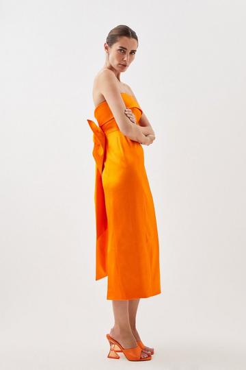 Italian Satin Bandeau Structured Bow Detail Midi Dress tangerine