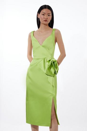Green Italian Satin Bow Detail Cross Back Midi Dress
