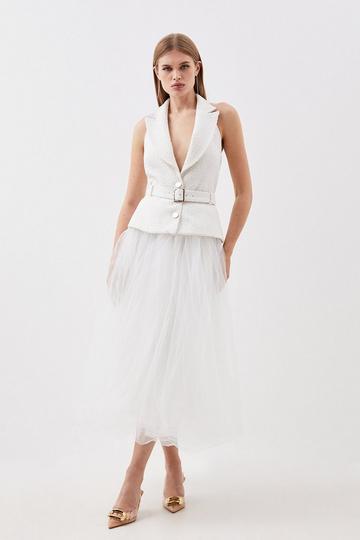 Tailored Tweed Detail Belted Tulle Skirt Belted Midi Dress ivory