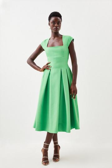 Green Textured Square Neck Cap Sleeve Full Skirt Tailored Midi Dress
