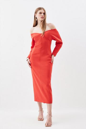 Red Compact Stretch Off Shoulder Rounded Sleeve Midi Dress