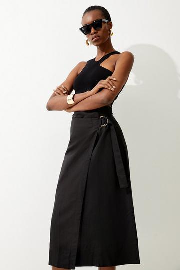Black Viscose Linen Aysmetric Midi Skirt