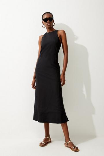 Black Viscose Linen Halter Woven Column Midi Dress