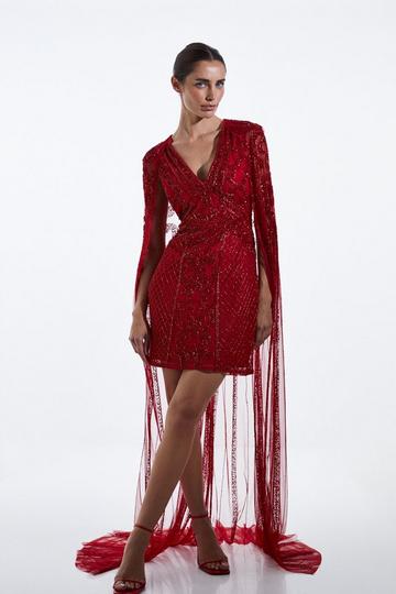 Red Tall Embellished Mini Dress With Cape