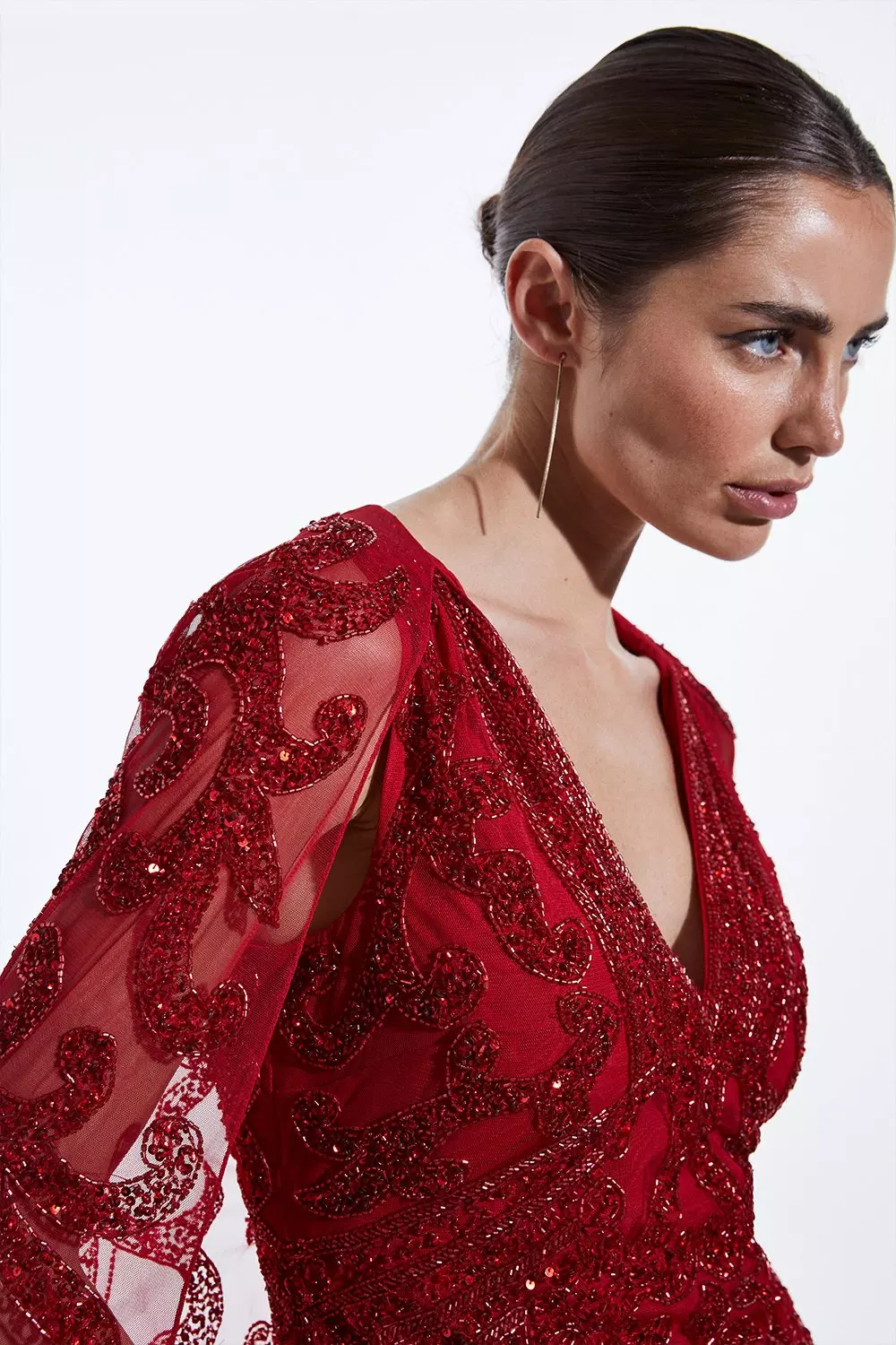 Pearl-Embellished Cape Dress Red