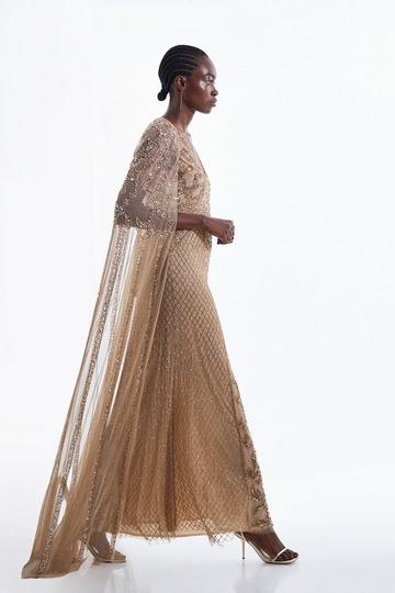 Gold Metallic Petite Embellished Woven Maxi Dress With Cape