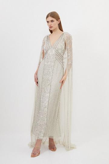 Embellished Woven Maxi Dress With Cape ivory