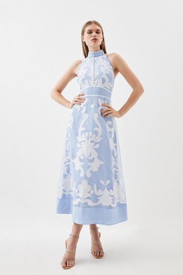 Blue Applique Organdie Midi Woven Dress