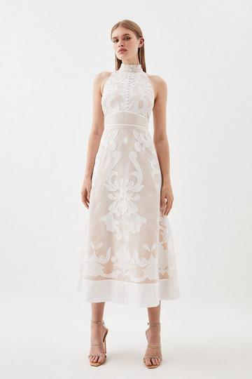 White Applique Organdie Midi Woven Dress