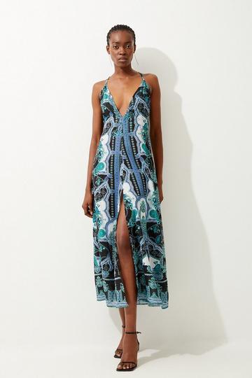 Embellished Mirrored Print Strappy Maxi Beach Dress blue