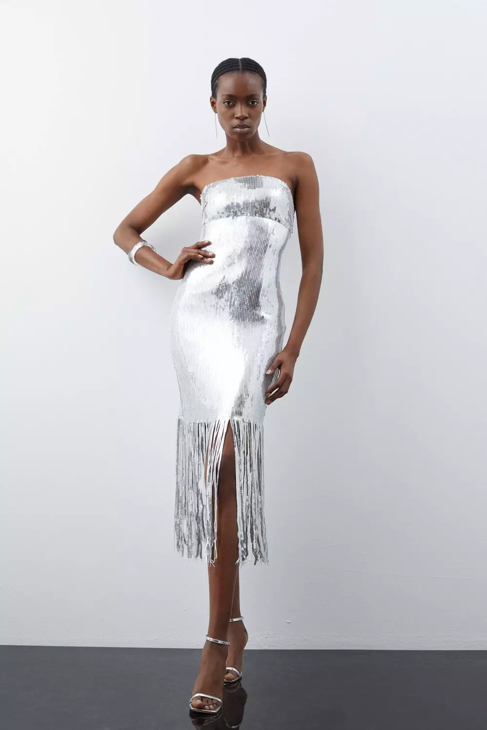 KAREN MILLEN Fringe Sequin Bandeau Midi Dress in Silver