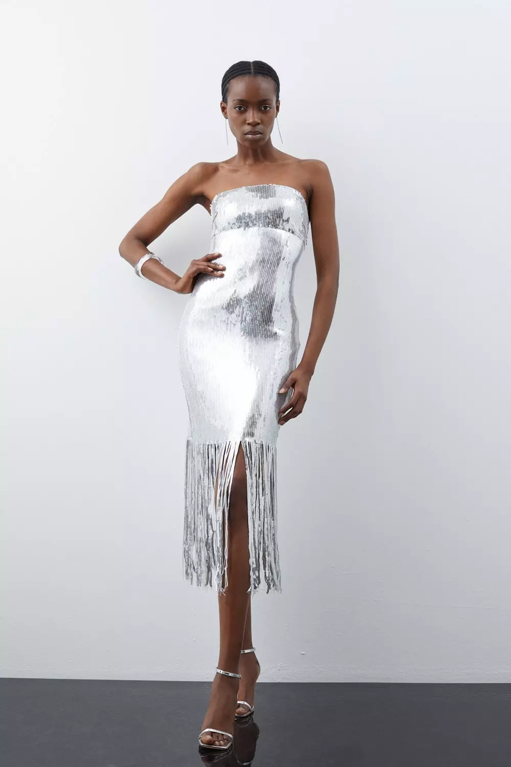 Fringe Sequin Bandeau Midi Dress