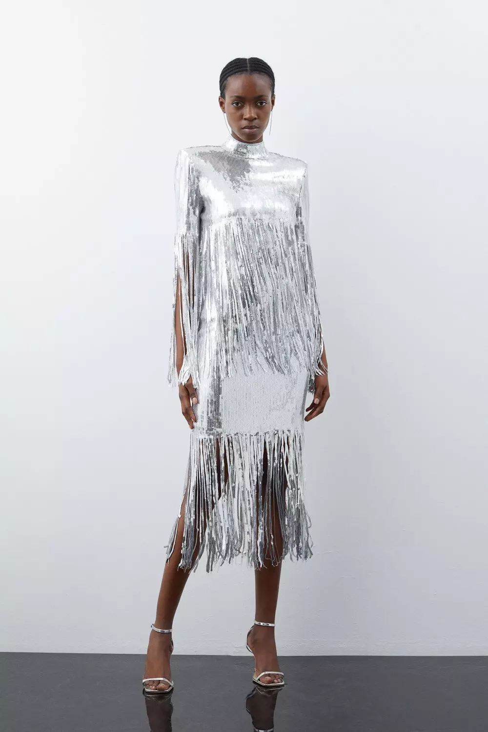 KAREN MILLEN Sequin Bandeau Woven Dress in Silver