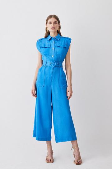Petite Topstitch Belted Linen Viscose Jumpsuit blue