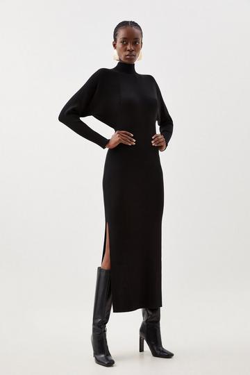 Black Viscose Blend Batwing Rib Knitted Midaxi Dress
