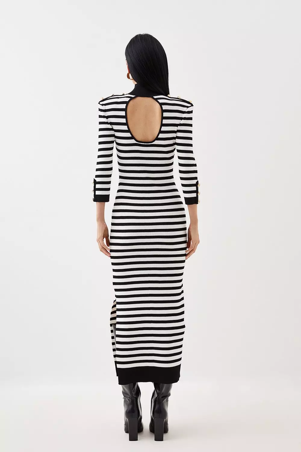 Rib Knit Power Shoulder Military Trim Midi Dress | Karen Millen