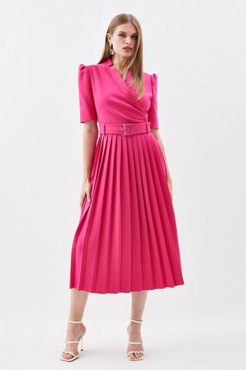 Compact Stretch Notch Neck Wrap Belted Forever Midi Dress fuchsia