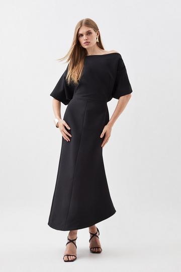 Compact Stretch Off Shoulder Short Sleeve Tailored Midi Dress black
