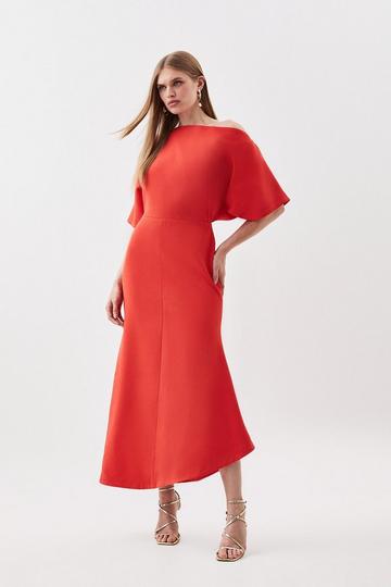 Red Compact Stretch Off Shoulder Short Sleeve Tailored Midi Dress
