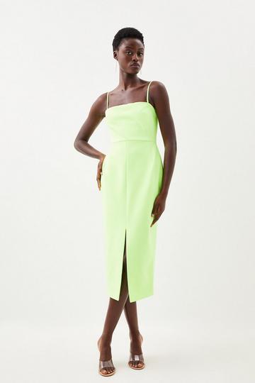 Stretch Crepe Belted Bandeau Midi Pencil Dress lime yellow