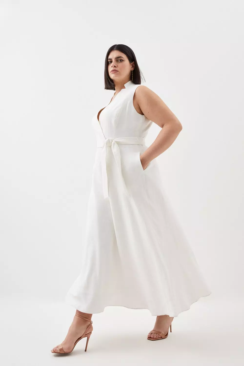 Plus Size Linen Wrap Tie Waisted Maxi Dress