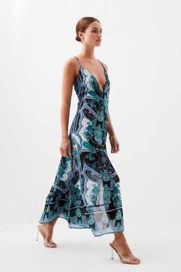 Petite Embellished Mirrored Print Strappy Maxi Beach Dress blue