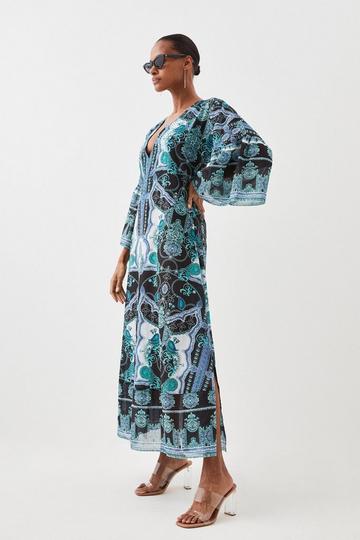 Embellished Mirrored Print Kimono Sleeve Maxi Dress blue
