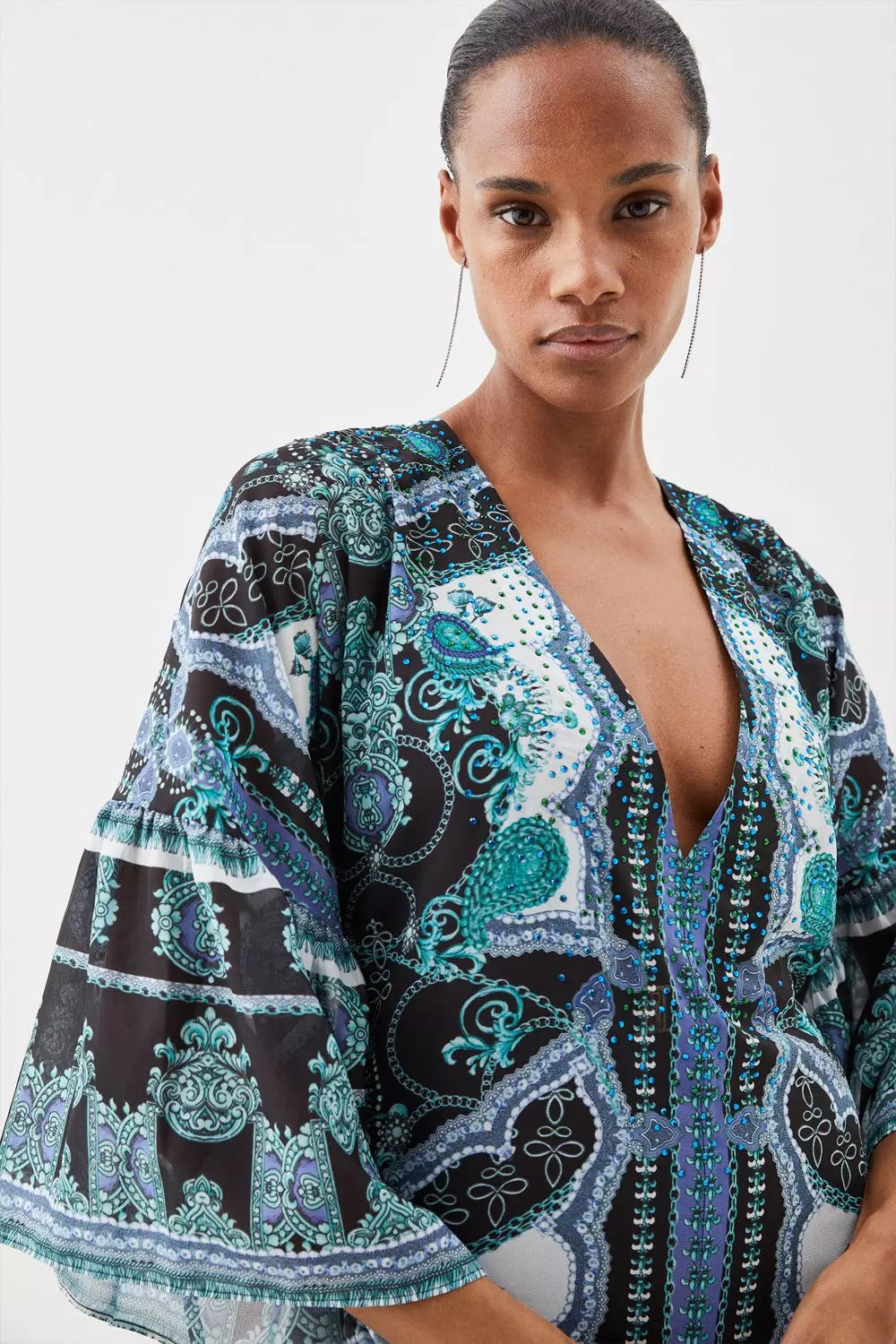 Embellished Mirrored Print Kimono Sleeve Maxi Dress