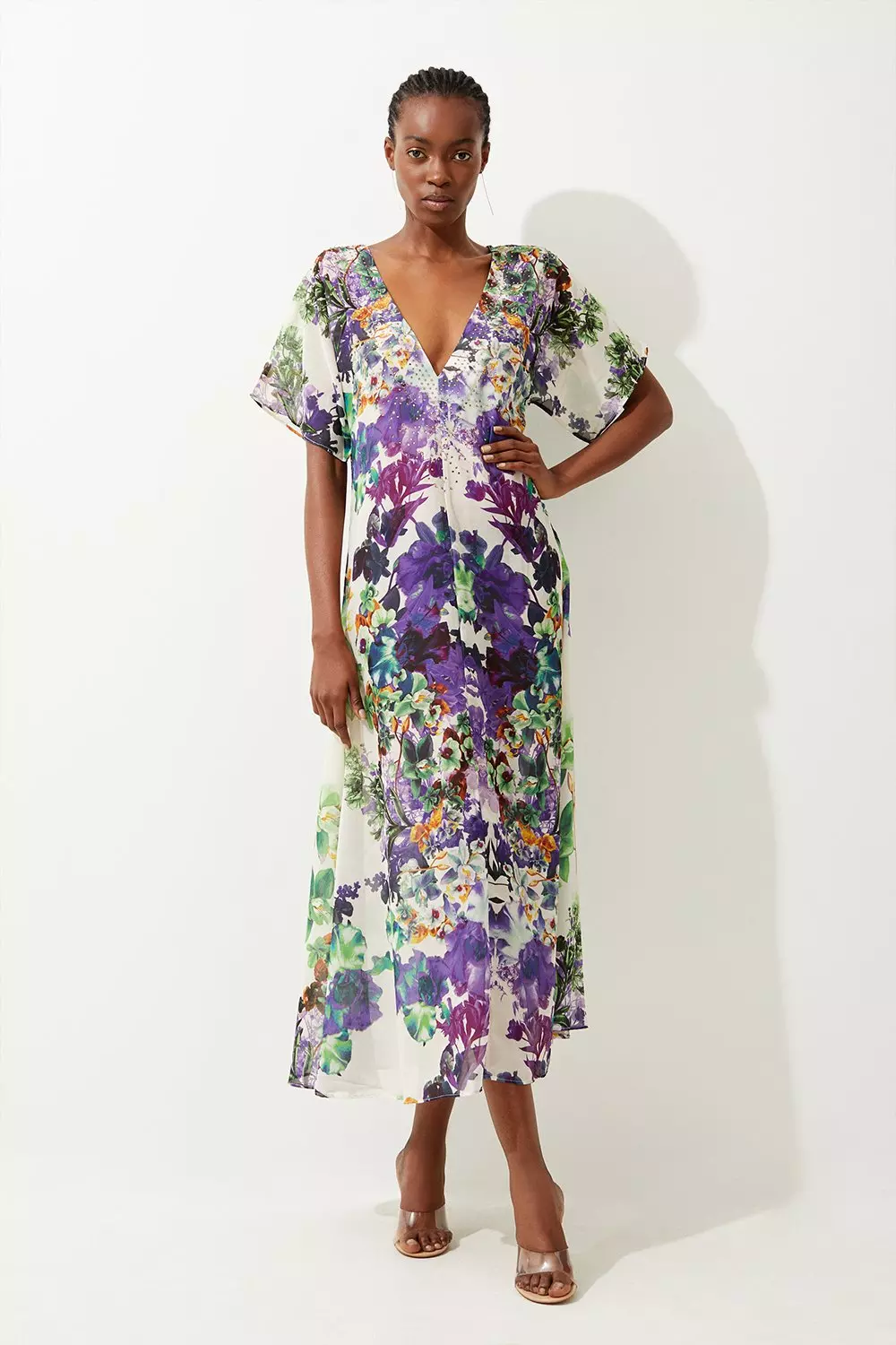 Exploding Floral Embellished Kimono Sleeve Maxi Beach Dress