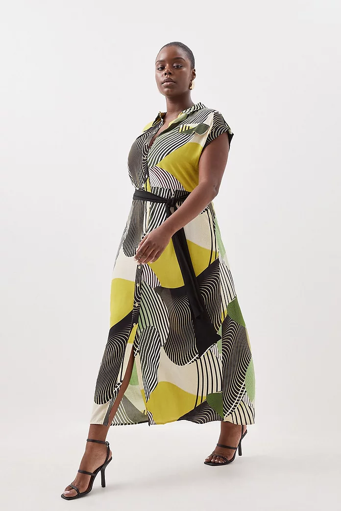 Plus Size Spliced Geo Sleeveless Woven Midi Shirt Dress | Karen Millen