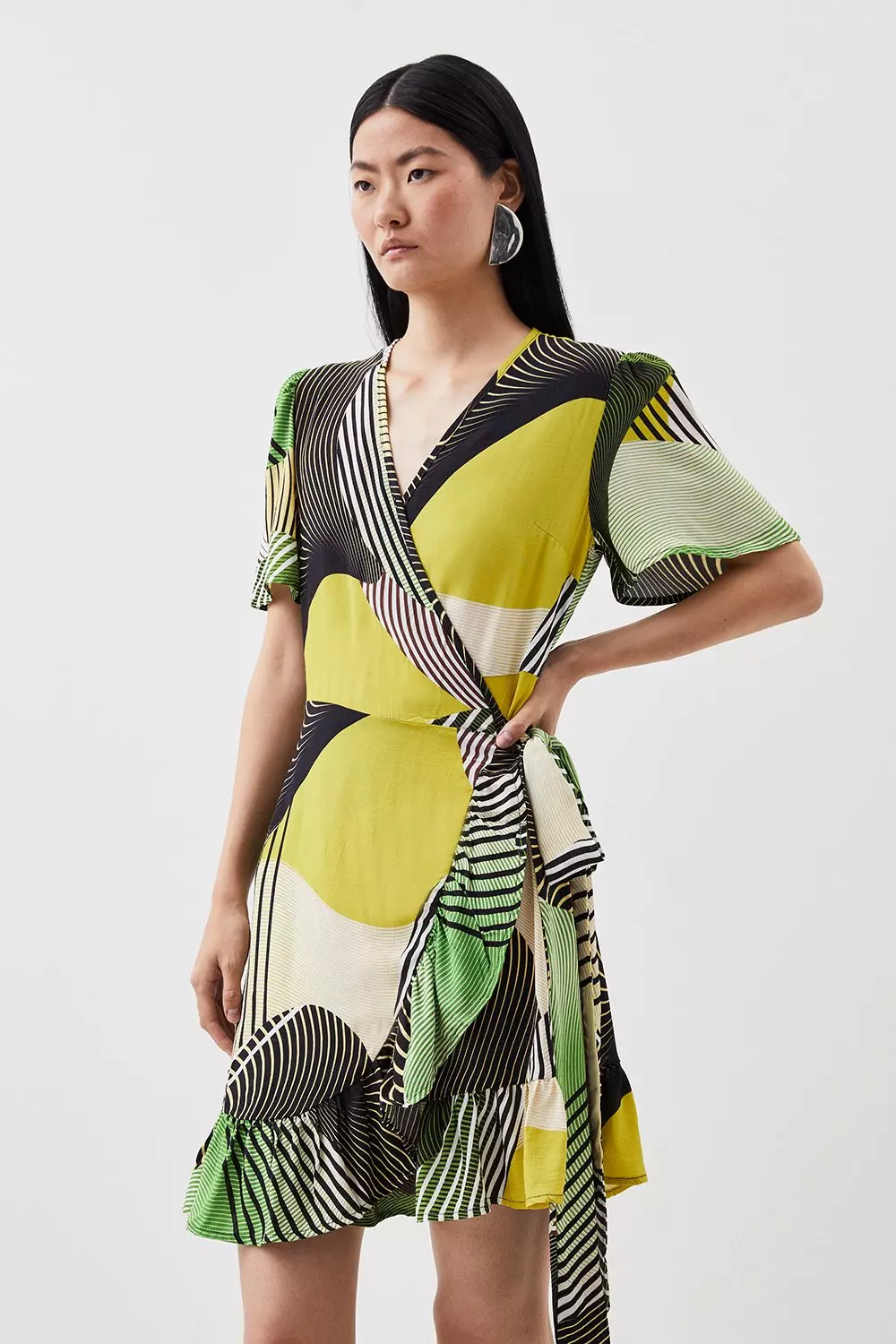 Spliced Geo Wrap Detail Woven Mini Dress