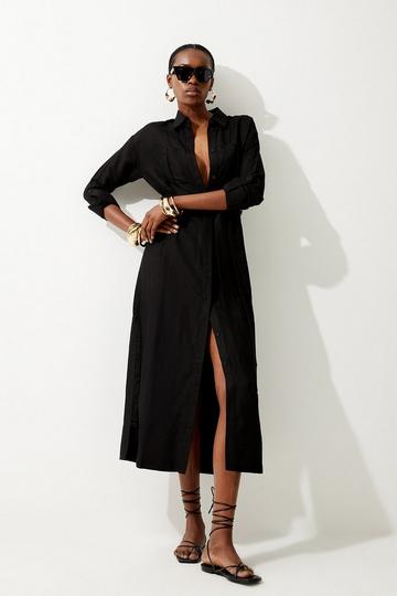 Black Viscose Linen Woven Belted Maxi Shirt Dress
