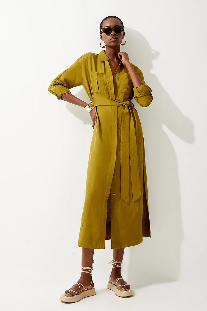 Viscose Linen Woven Belted Maxi Shirt Dress | Karen Millen