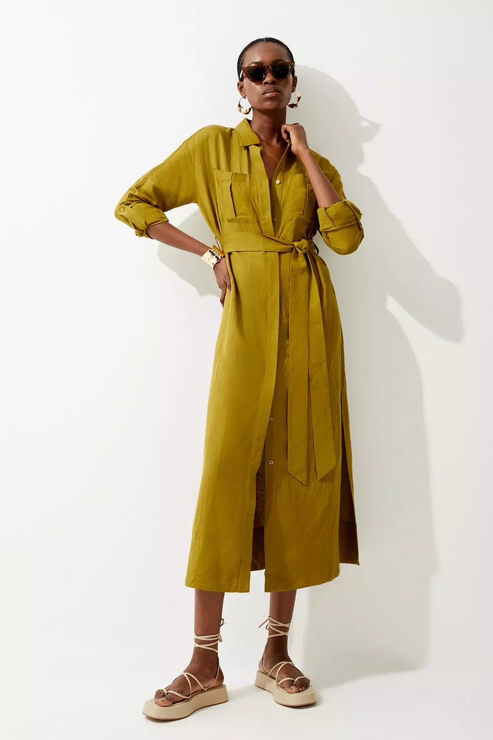 Viscose Linen Woven Belted Maxi Shirt Dress