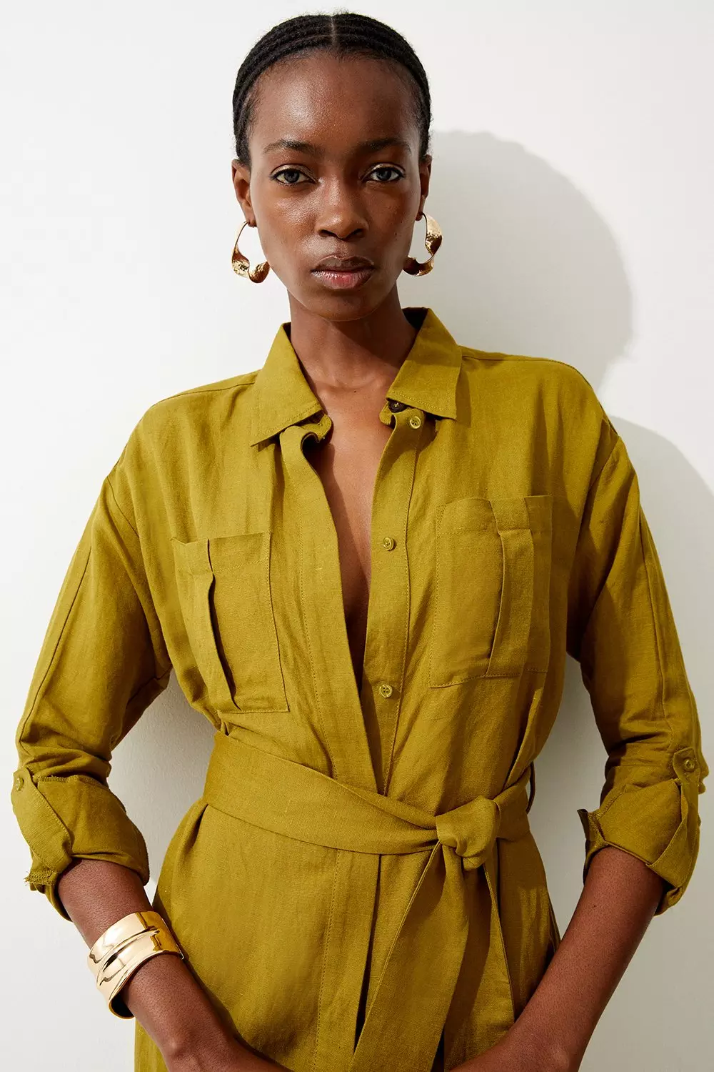 Khaki linen store shirt dress