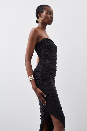 Black Jersey Crepe Ruched Detail Asymmetric Midi Dress