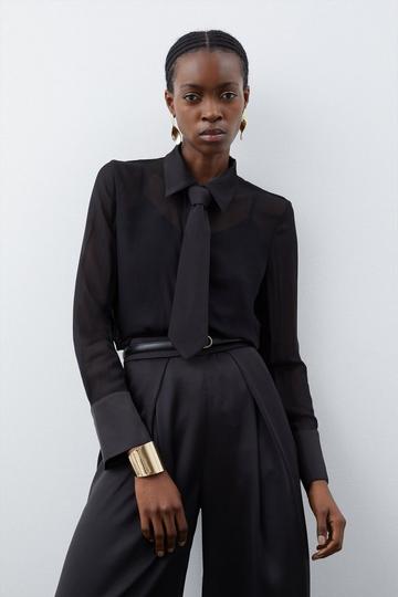 Black Viscose Georgette Sheer Woven Tie Detail Shirt