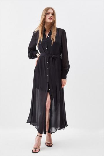 Viscose Georgette Sheer Belted Maxi Dress black