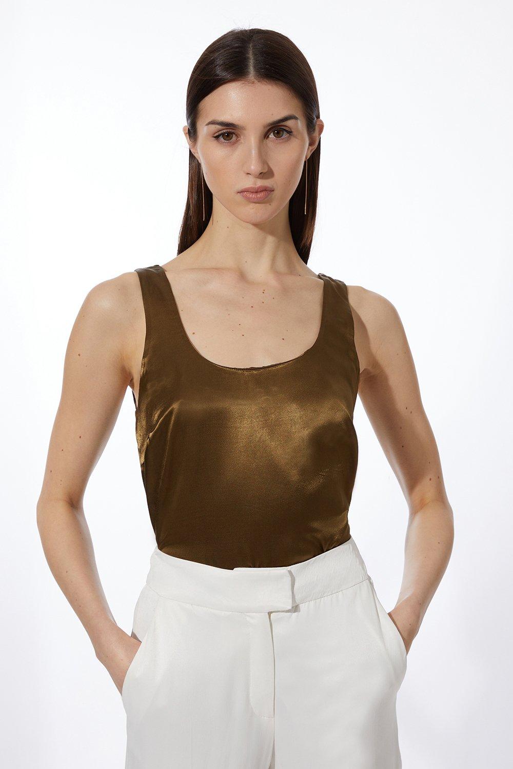 Premium Viscose Satin Woven Cami Top - Khaki/Green