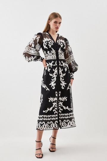 Black Baroque Applique Woven Midi Dress