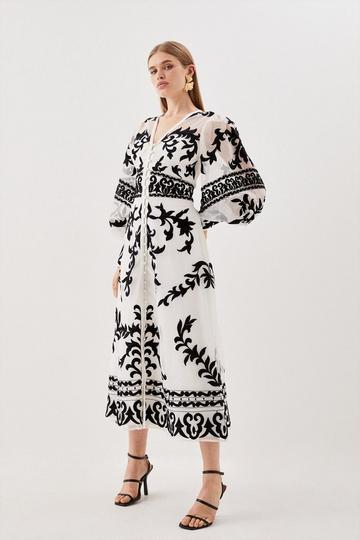 Baroque Applique Woven Midi Dress ivory