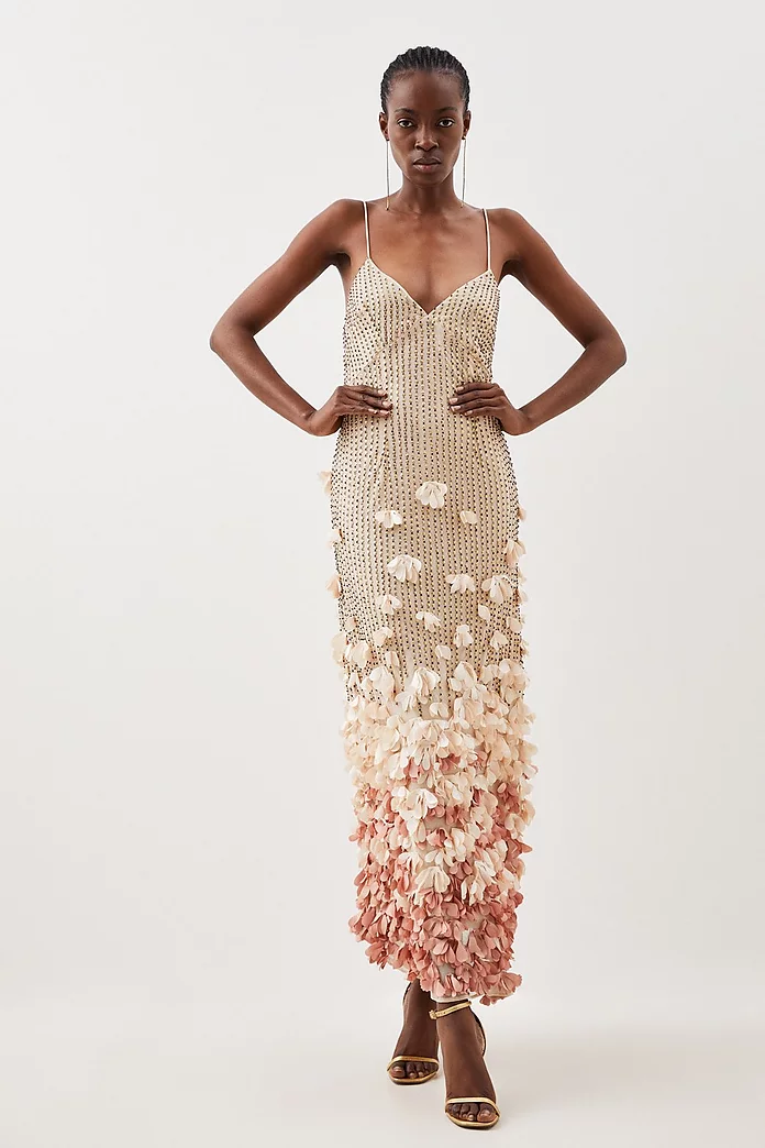 Petite Floral Applique Woven Strappy Maxi Dress | Karen Millen
