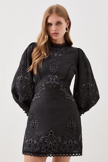 Lydia Millen Petite Cotton Cutwork Embroidered Woven Mini Dress black