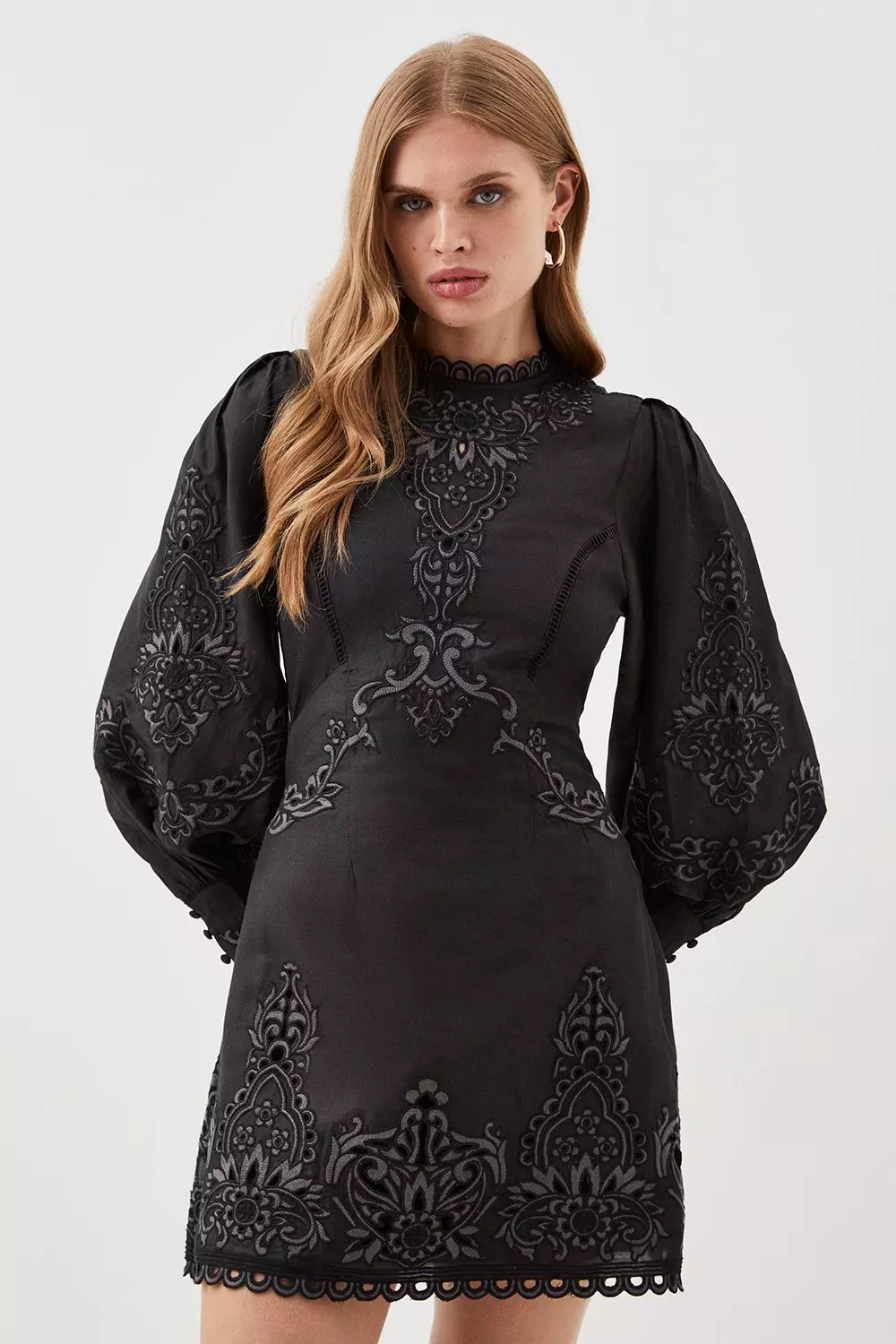 Embroidered Pure Cotton Midi Dress in Black : TXR262