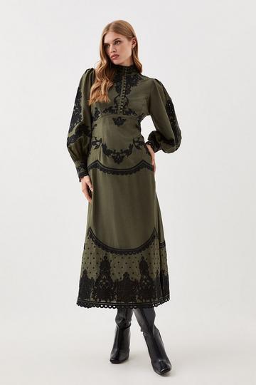 Lydia Millen Petite Cotton Cutwork Embroidered Woven Maxi Dress khaki