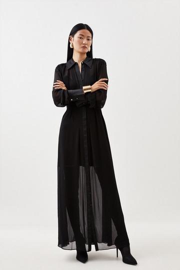 Black Petite Sheer Woven Maxi Shirt Dress