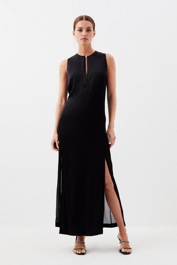 Petite Premium Sheer Detailed satin Column Maxi Dress black