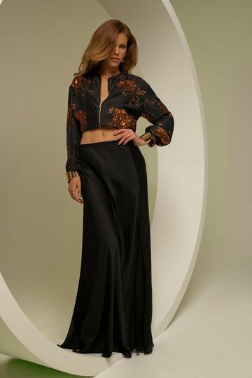 Black Premium Georgette & Satin Panelled maxi skirt