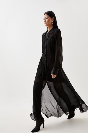 Black Premium Georgette Sheer Woven Maxi Shirt Dress