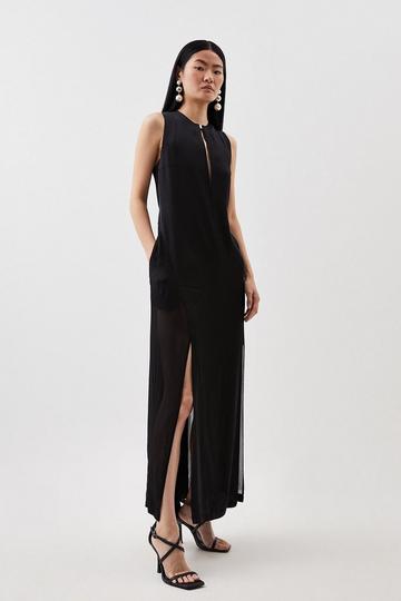 Premium Sheer Detailed satin Column Maxi Dress black